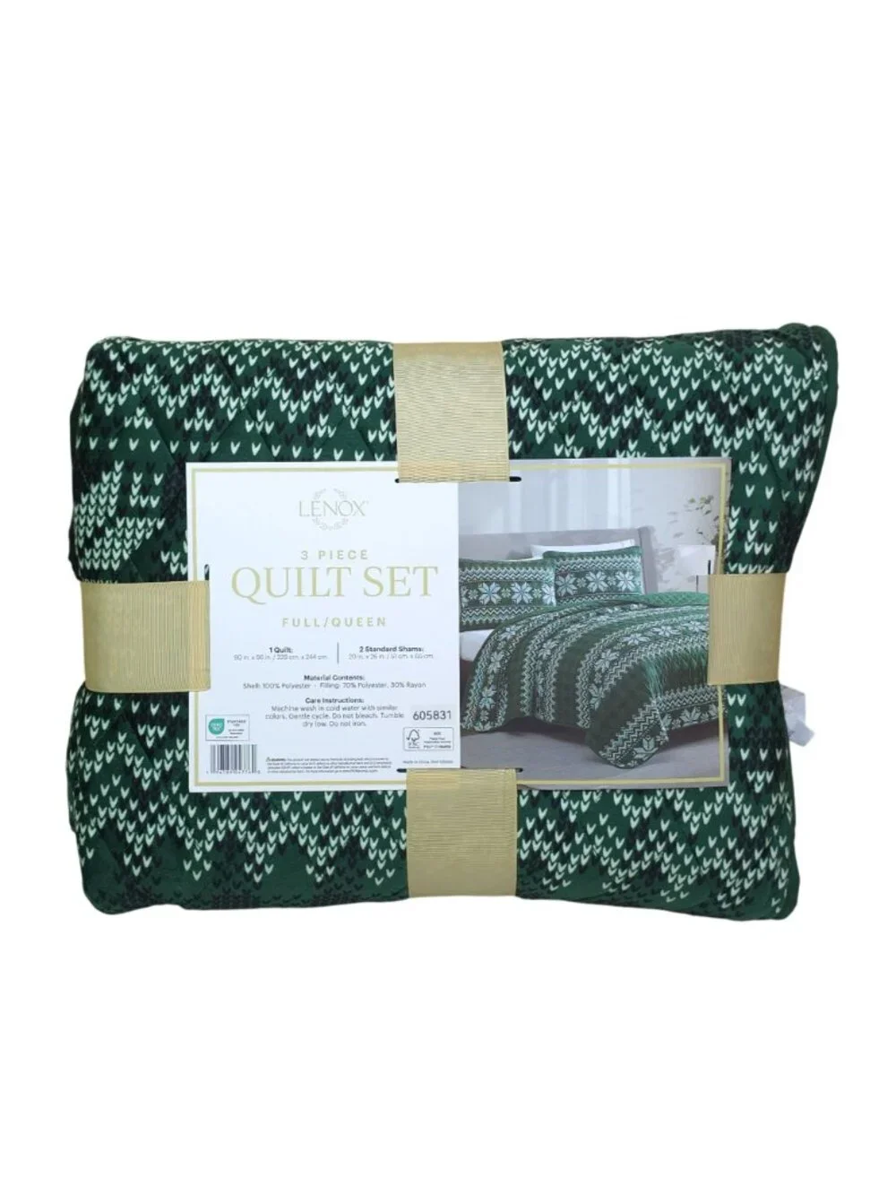 Lenox 3-Piece Full/Queen Quilt Set Green Snowflake Pattern Holiday Easy Care